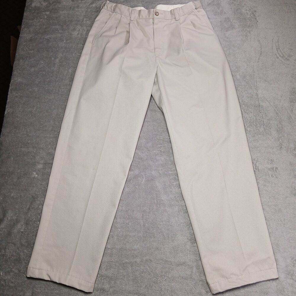 LL Bean Double L Men 35x34 35 x 34 Khaki Pleated Chino Trousers Pants Grandad